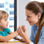 ** A child psychologist engaging with a child, using active listening and empathetic body language, in a bright and welcoming office setting. Focus on the connection and trust being built.

**
