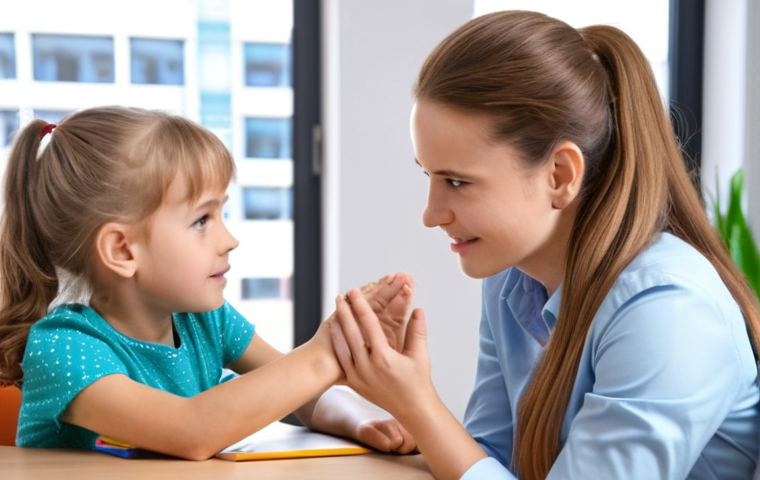 ** A child psychologist engaging with a child, using active listening and empathetic body language, in a bright and welcoming office setting. Focus on the connection and trust being built.
**